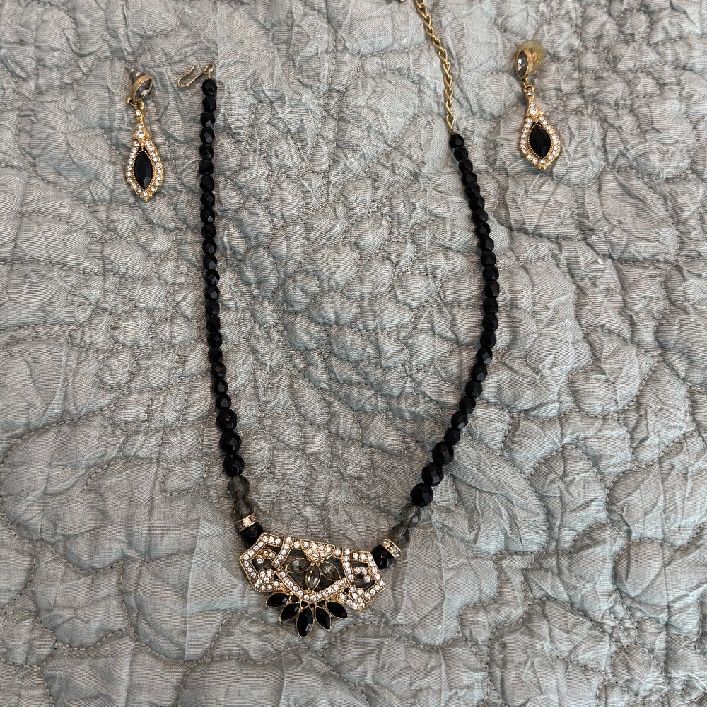 1928 Jewelry Black Bead Statement Necklace Set w Earrings